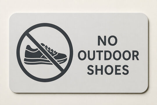 A white sign with a crossed-out image of an outdoor shoe and the text NO OUTDOOR SHOES is displayed.