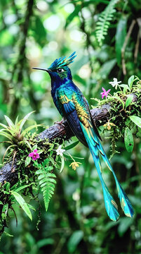 Exotic iridescent hummingbird perched on a mossy branch in tropical rainforest mm