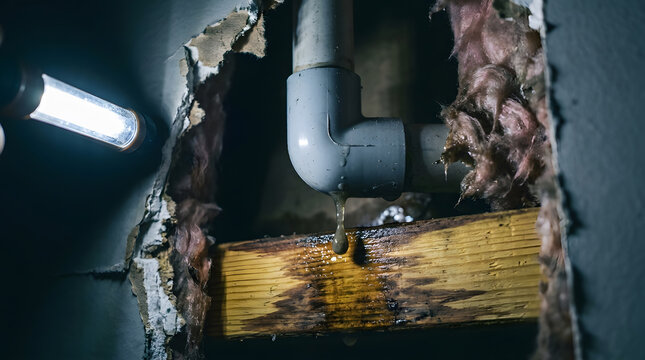 Water dripping from plumbing pipe elbow | Burst pipe leak inside drywall wall | Emergency plumbing repair home inspection | Mold prevention from water damage