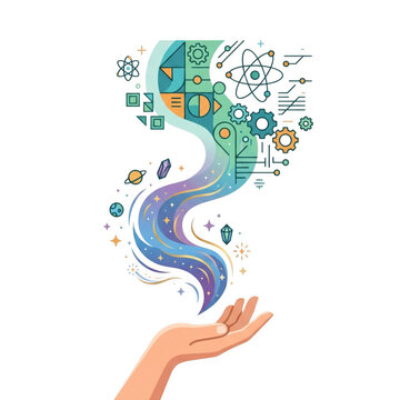 Hand holding swirling stream of science and magic symbols with atom, gears, planets and stars on transparent background. Knowledge, education and imagination
