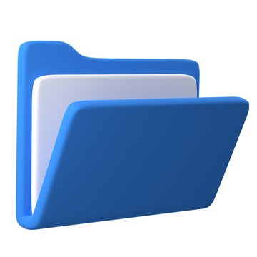 3D open blue file folder icon with document insert