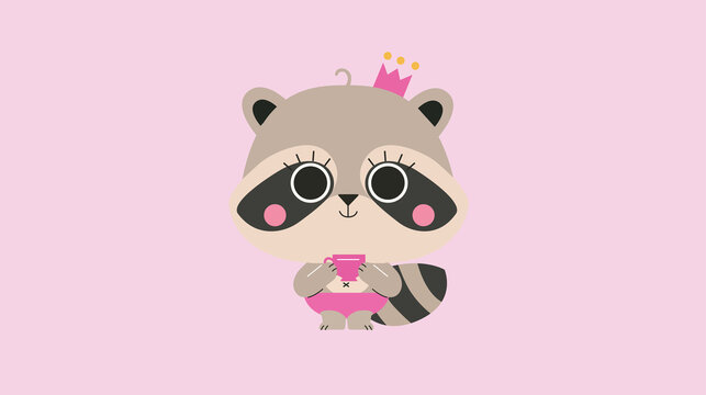 Cute Raccoon Princess Holding Cup &ndash; Kawaii Animal Character Illustration
