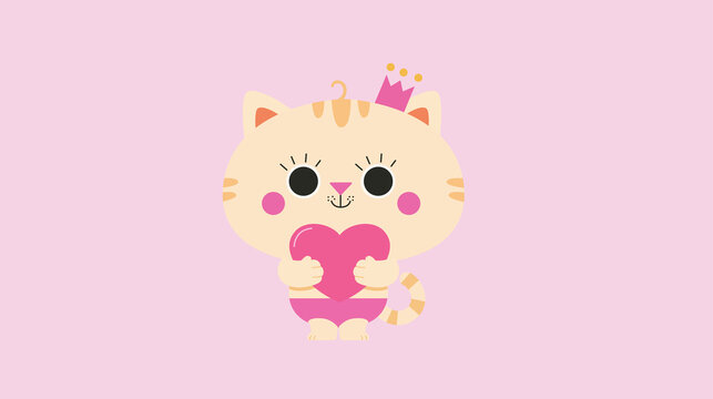 Cute Cat Princess Holding Heart &ndash; Kawaii Love Animal Illustration