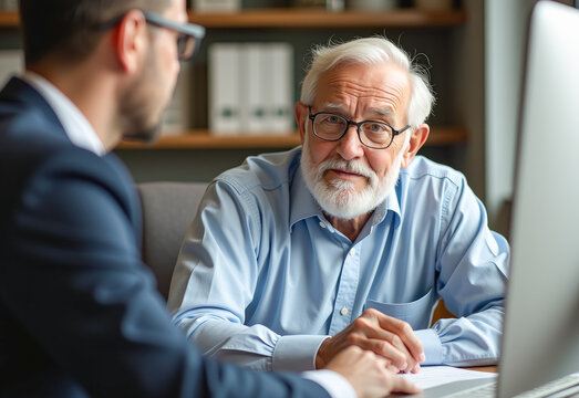 elderly businessman interviews a candidate in the office