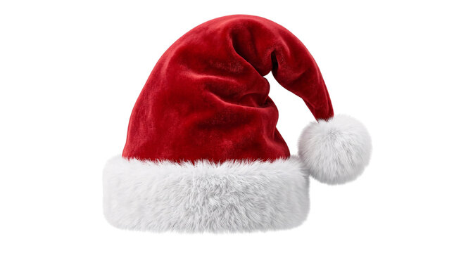 Classic red santa claus hat with white fluffy trim png on isolated transparent background