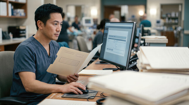 Clinical Documentation Burden in Healthcare: clinician compares paper records with electronic patient data during manual charting