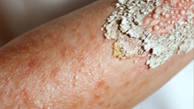 Photorealistic close-up of a bent human arm with large localized plaque psoriasis on the elbow, showing inflamed red skin, thick scaling, dryness and visible dermatological symptoms.