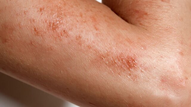Photorealistic close-up of a bent human arm with large localized plaque psoriasis on the elbow, showing inflamed red skin, thick scaling, dryness and visible dermatological symptoms.