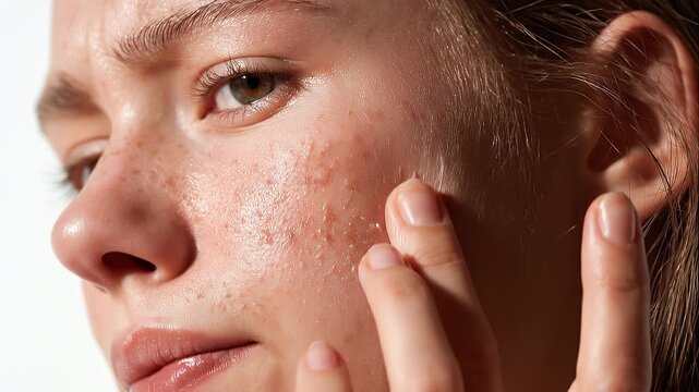 Side view of a young woman gently touching peeling, rough skin on her cheek with visible dryness and subtle redness, showing facial irritation, sensitivity and dry skin discomfort.