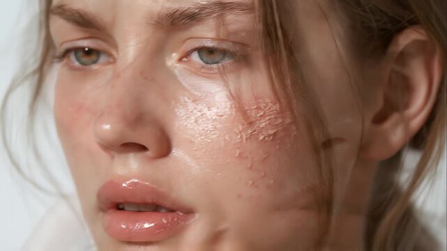 Side view of a young woman gently touching peeling, rough skin on her cheek with visible dryness and subtle redness, showing facial irritation, sensitivity and dry skin discomfort.