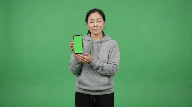 Smiling Asian woman in a grey hoodie holding a smartphone with a green screen on a green background, presenting a new application or product.