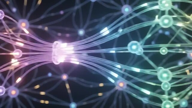 Colorful 3D Animation of Abstract Neural Network with Glowing Nodes and Flow