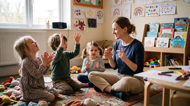 손뼉 치는 교사와 아이들 &middot; Teacher and Children Clapping Together