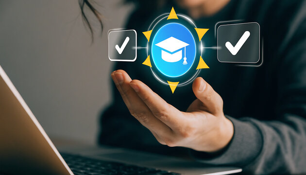 Person holding a digital education icon with graduation cap and check marks, representing online learning, academic achievement, and elearning concepts