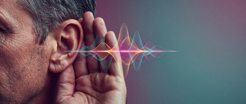 Mature man cupping ear with vibrant digital sound waves, illustrating hearing perception and audio technology concept.