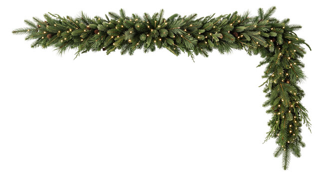Lush green christmas garland with warm white led png on isolated transparent background