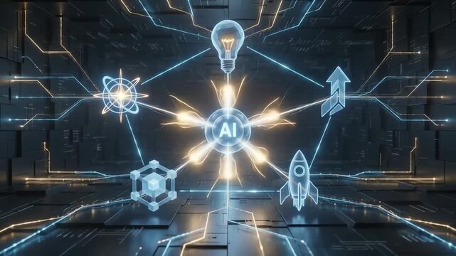 Central Glowing AI Symbol Linked to Five Abstract Innovation and Growth Nodes