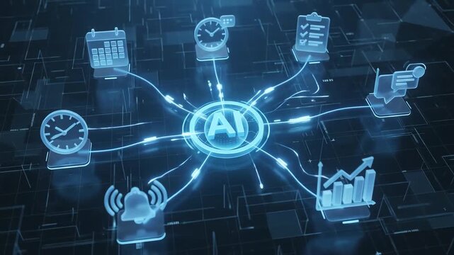 Artificial Intelligence Symbol Connected to Productivity Nodes for Smart Task Management and Automation Technology Concept