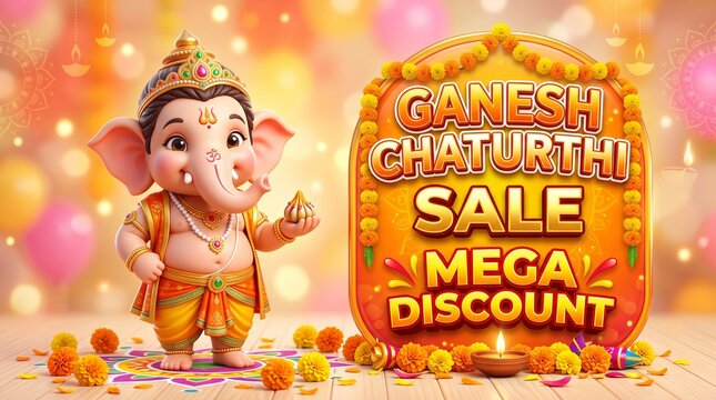 Ganesh chaturthi sale mega discount banner with cute lord ganesha