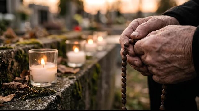 Elderly person holding wooden rosary beads during a prayer at a cemetery