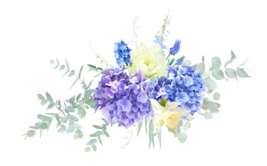 Bright blue hydrangea, tulip, daffodil, muscari, hyacinth, greenery and branches floral vector bouquet © lavendertime
