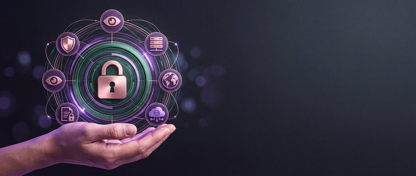 Cyber security and data protection concept. Hand holding glowing futuristic padlock interface with cloud, shield, and server icons for digital privacy and safety on dark background.