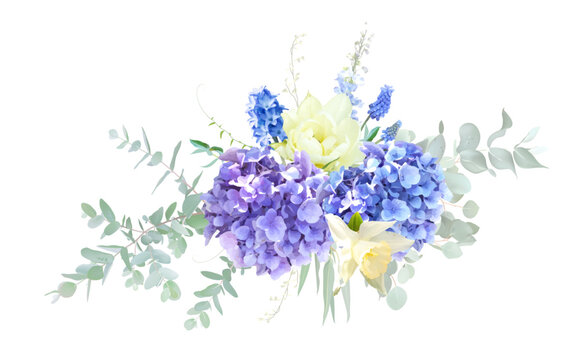 Bright blue hydrangea, tulip, daffodil, muscari, hyacinth, greenery and branches floral vector bouquet