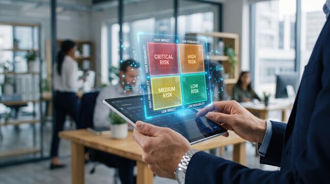 Business risk assessment matrix analysis, professional holding tablet with futuristic hologram chart showing critical high medium low probability impact levels, strategic planning