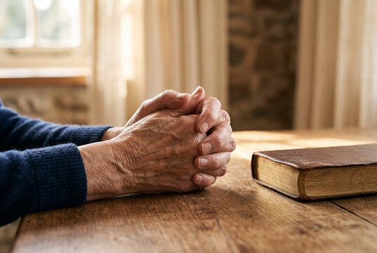 성경 옆 노인의 모은 손 &middot; Elderly Clasped Hands beside a Bible