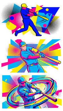 Collection of vibrant retro pop art illustrations featuring baseball players swinging bats, decorated with bright halftone dots and abstract geometric shapes
