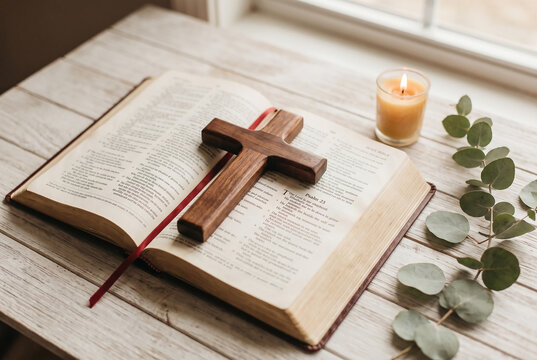 촛불 옆 성경과 십자가 &middot; Bible and Cross beside a Candle