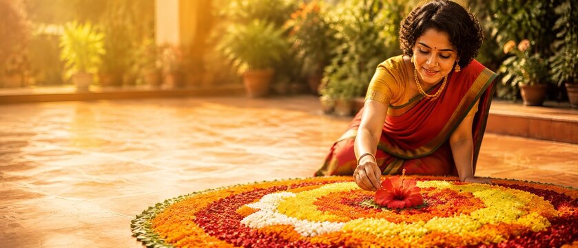 Indian woman in traditional red saree making flower rangoli decoration on floor for Onam festival. Young female decorating floral carpet with marigold petals and