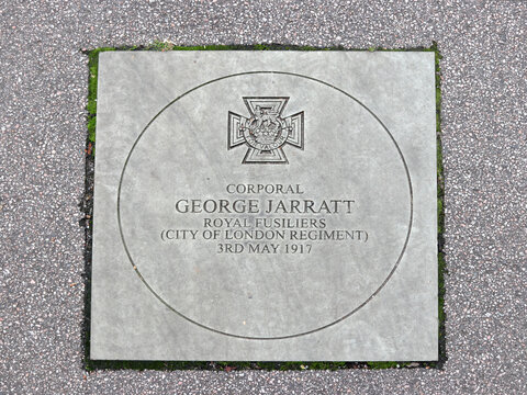 Corporal George Jarratt, recipient of the Victoria Cross (VC), plaque laid into the tarmac in Kennington Park, London, UK
