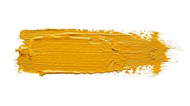 Thick yellow ochre paint brush stroke on black png on isolated transparent background