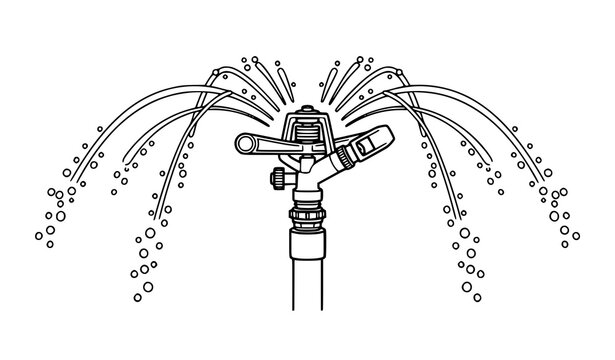 Agricultural impact sprinkler head spraying water in wide arc, detailed irrigation system line art vector for farming and landscaping design