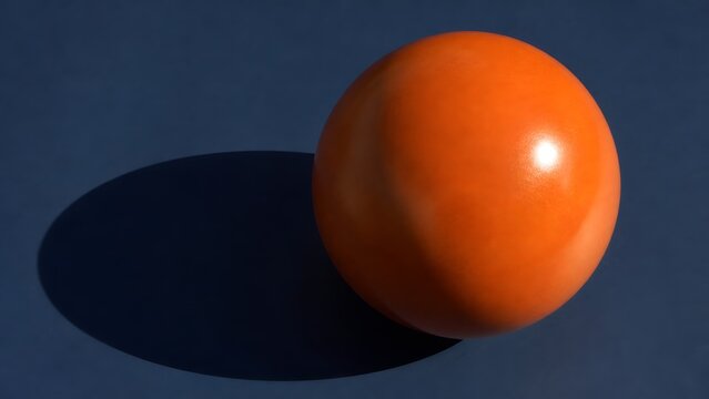Single Glossy Orange Sphere Casting Long Shadow on Dark Blue Background