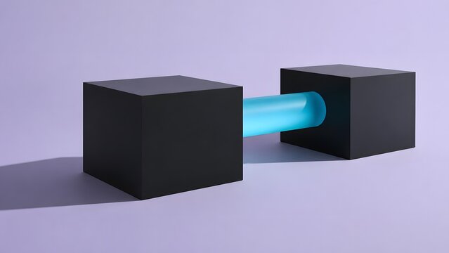 Abstract 3D Render of Two Black Cubes Connected by Glowing Cyan Cylinder