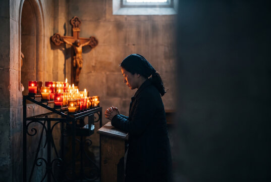 촛불 앞 묵주 기도하는 수녀 &middot; Nun Praying with a Rosary by Candles