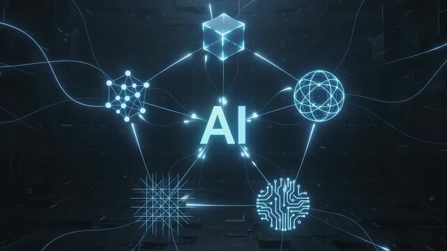 Futuristic Glowing AI Symbol Connected to Five Abstract Digital Tech Nodes