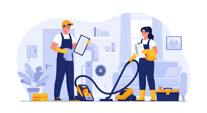 HVAC technician and cleaner team working together with equipment and checklists