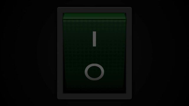 High quality 4K realistic 3D toggle switch animation turning on and off. Features a modern dark mode aesthetic with deep black background and glowing neon green cyberpunk accents, perfect for futurist