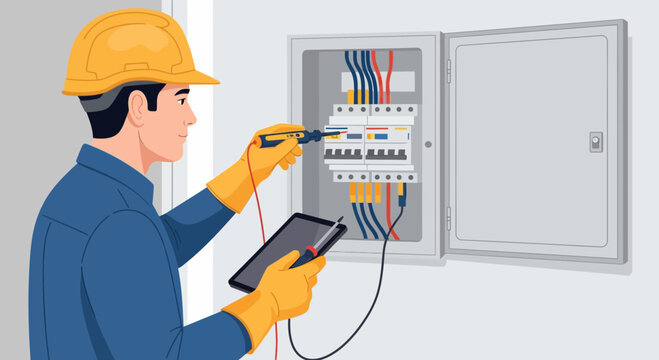 Electrician testing a residential electrical circuit breaker panel with diagnostic tools and a tablet for maintenance