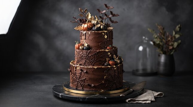 Magnificent three-tier chocolate cake decorated with pumpkins, spider webs, flying bats, autumn foliage, and delicate gold leaf on a dark marble cake stand. Moody studio lighting and sophisticated sty
