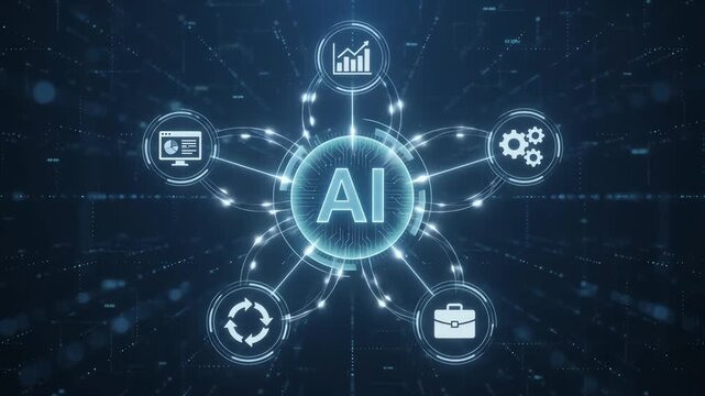 Futuristic AI Symbol Connected to Business Automation Nodes on Dark Blue Background