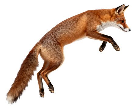 Red fox jumping in mid air isolated on transparent background