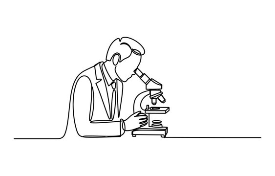 Continuous line drawing of a scientist looking through a microscope in a laboratory