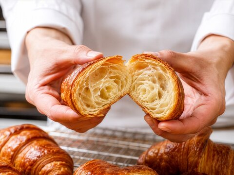 Checking the honeycomb crumb inside a baked croissant