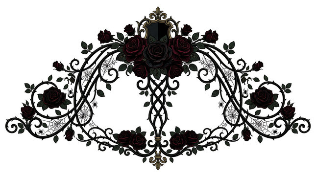 Gothic black rose floral border, ornate dark filigree frame with thorns, elegant victorian crest for wedding invitations and luxury branding