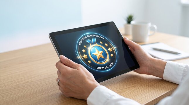 Digital success, hands holding tablet displaying glowing certified achievement badge with gold star, winning award symbol, business accomplishment, career milestone