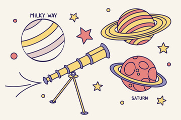 Astronomy themed with a telescope, milky way, and saturn planet on a light beige background, for educational science projects © eee